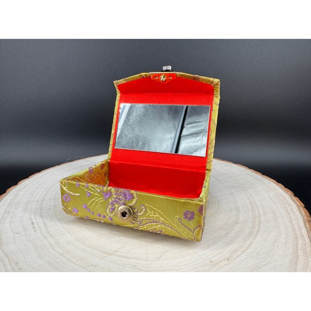 Vintage Asian Brocade Lipstick Case Vanity Box w/ Mirror Green Purple Silk